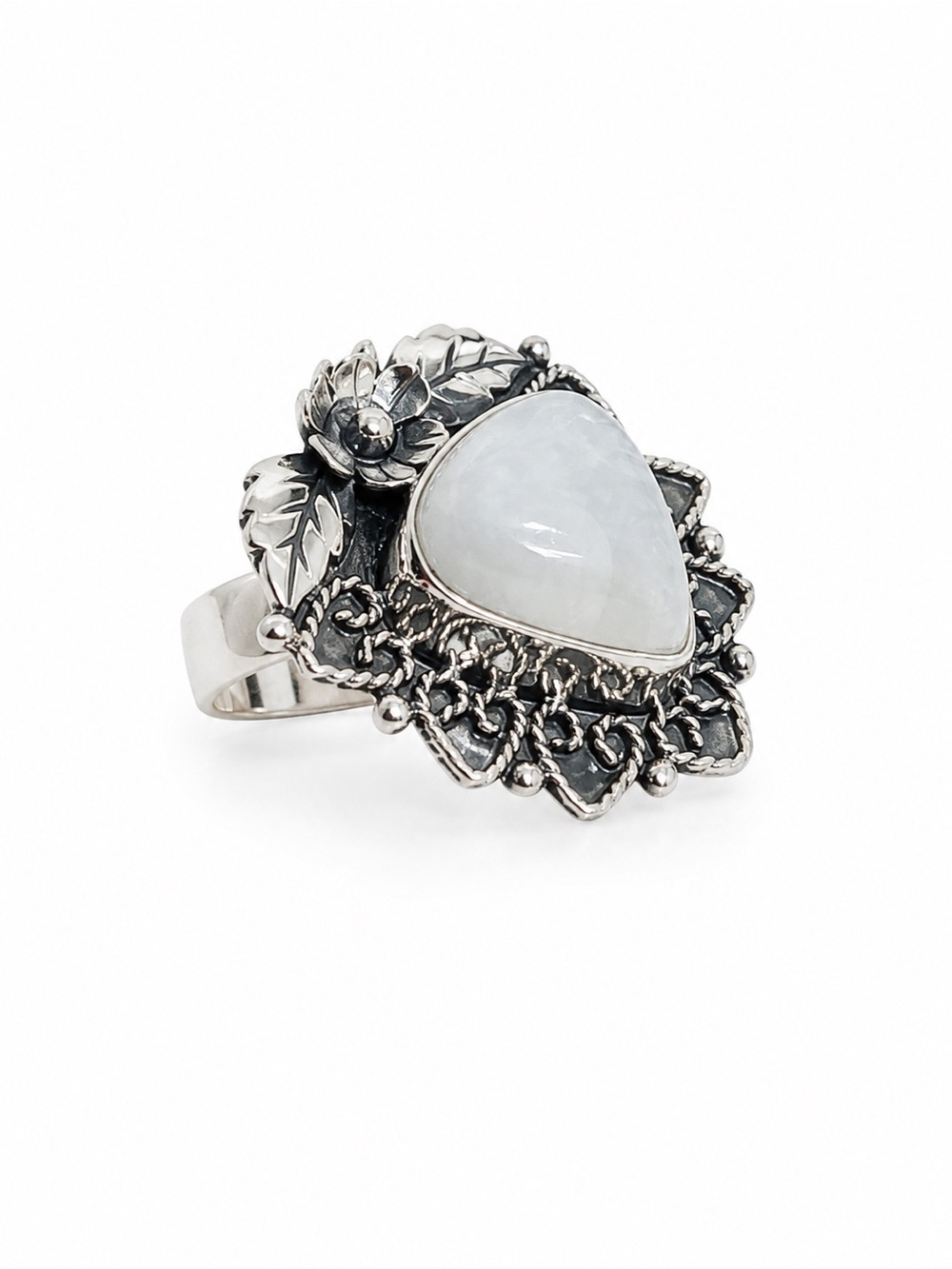 Sterling Silver Moonstone Floral Statement Ring